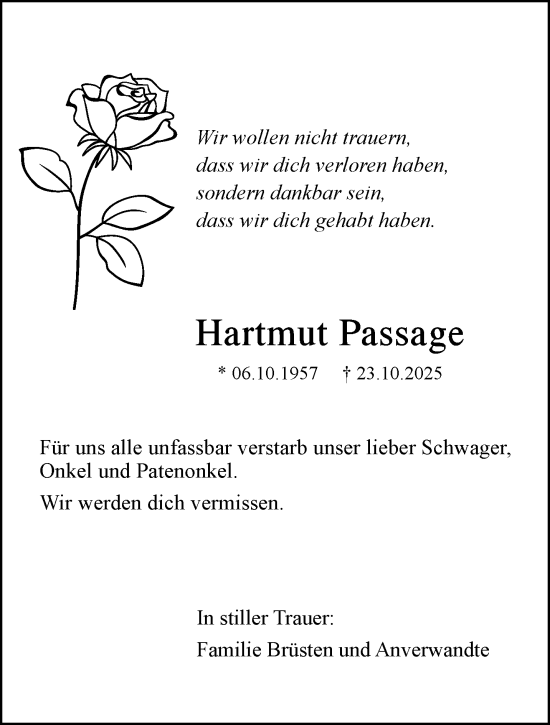 Traueranzeige von Hartmut Passage von trauer.panorama-anzeigenblatt.de