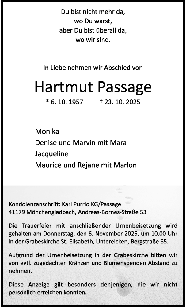  Traueranzeige für Hartmut Passage vom 02.11.2025 aus trauer.panorama-anzeigenblatt.de