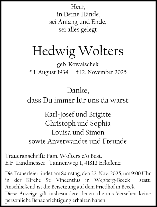 Traueranzeige von Hedwig Wolters von trauer.panorama-anzeigenblatt.de