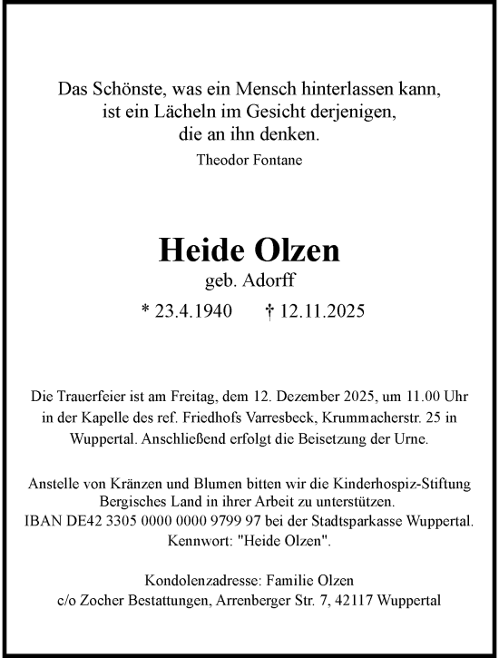 Traueranzeige von Heide Olzen von trauer.wuppertaler-rundschau.de