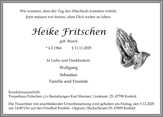 Traueranzeige von Heike Fritschen von trauer.panorama-anzeigenblatt.de