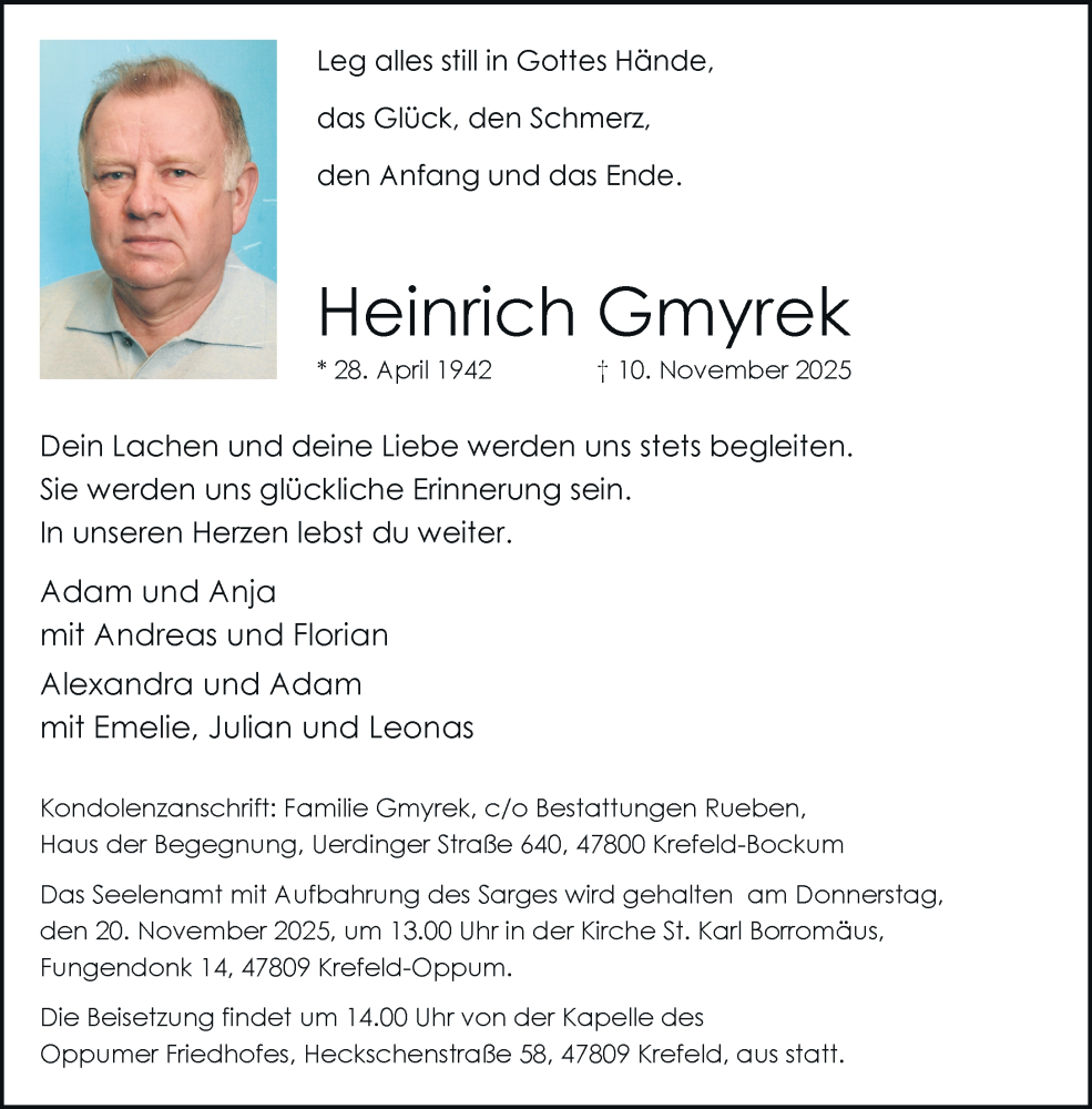  Traueranzeige für Heinrich Gmyrek vom 16.11.2025 aus trauer.panorama-anzeigenblatt.de