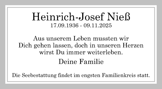 Traueranzeige von Heinrich-Josef Nieß von trauer.panorama-anzeigenblatt.de