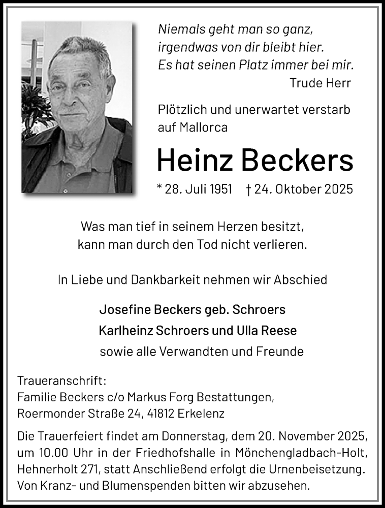  Traueranzeige für Heinz Beckers vom 16.11.2025 aus trauer.panorama-anzeigenblatt.de