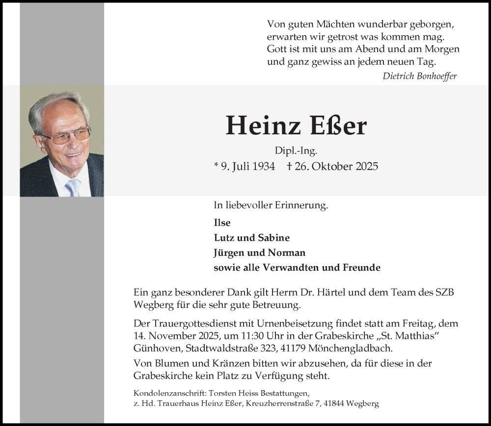  Traueranzeige für Heinz Eßer vom 09.11.2025 aus trauer.panorama-anzeigenblatt.de
