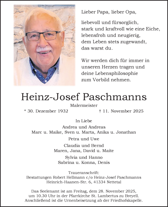 Traueranzeige von Heinz-Josef Paschmanns von trauer.panorama-anzeigenblatt.de