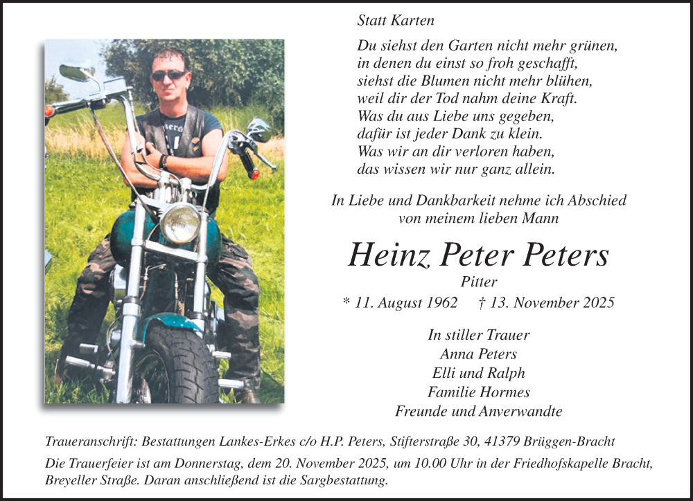  Traueranzeige für Heinz Peter Peters vom 16.11.2025 aus trauer.panorama-anzeigenblatt.de
