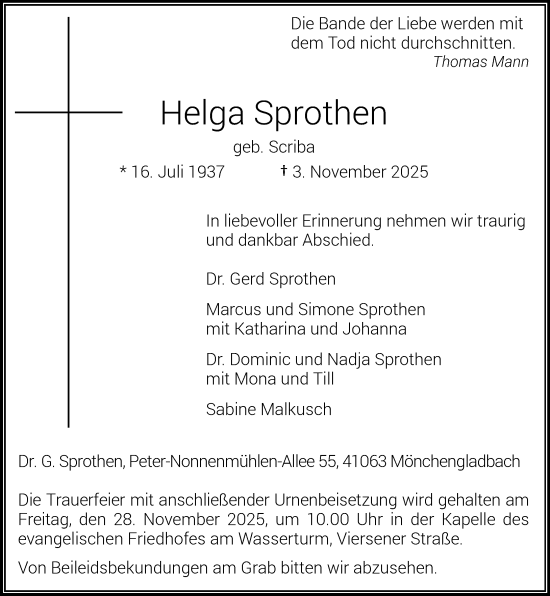 Traueranzeige von Helga Sprothen von trauer.panorama-anzeigenblatt.de