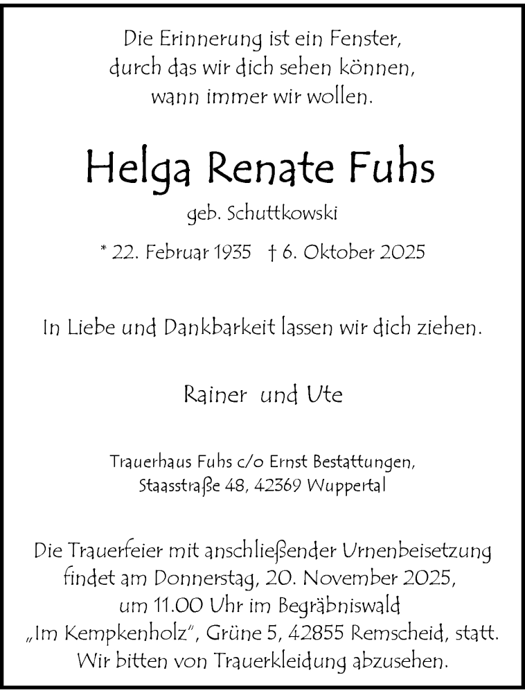  Traueranzeige für Helga Renate Fuhs vom 08.11.2025 aus trauer.wuppertaler-rundschau.de