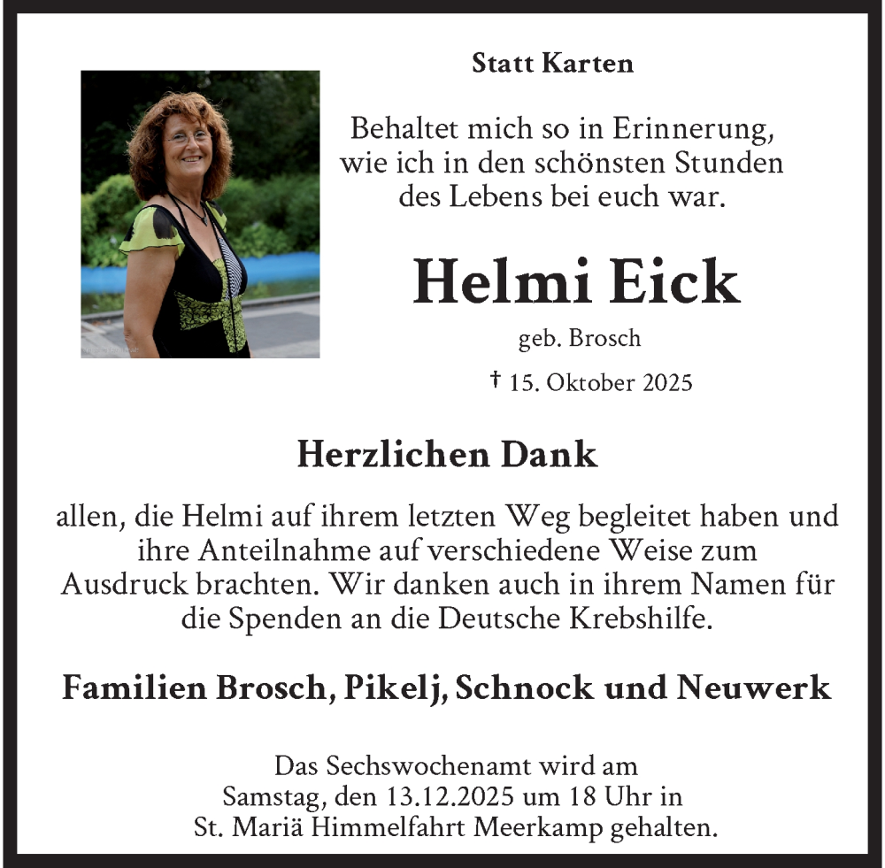  Traueranzeige für Helmi Eick vom 30.11.2025 aus trauer.panorama-anzeigenblatt.de