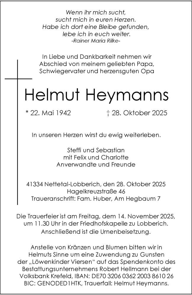  Traueranzeige für Helmut Heymanns vom 09.11.2025 aus trauer.panorama-anzeigenblatt.de