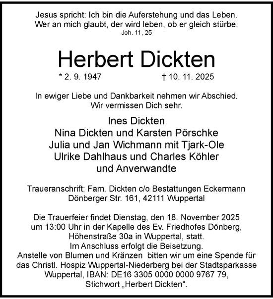 Traueranzeige von Herbert Dickten von trauer.wuppertaler-rundschau.de