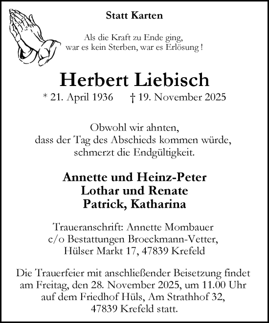 Traueranzeige von Herbert Liebisch von trauer.panorama-anzeigenblatt.de