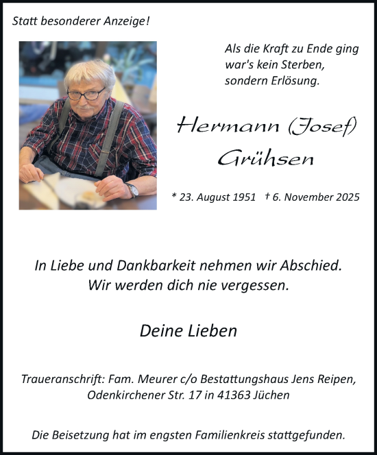Traueranzeige von Hermann  Grühsen von trauer.stadt-kurier.de