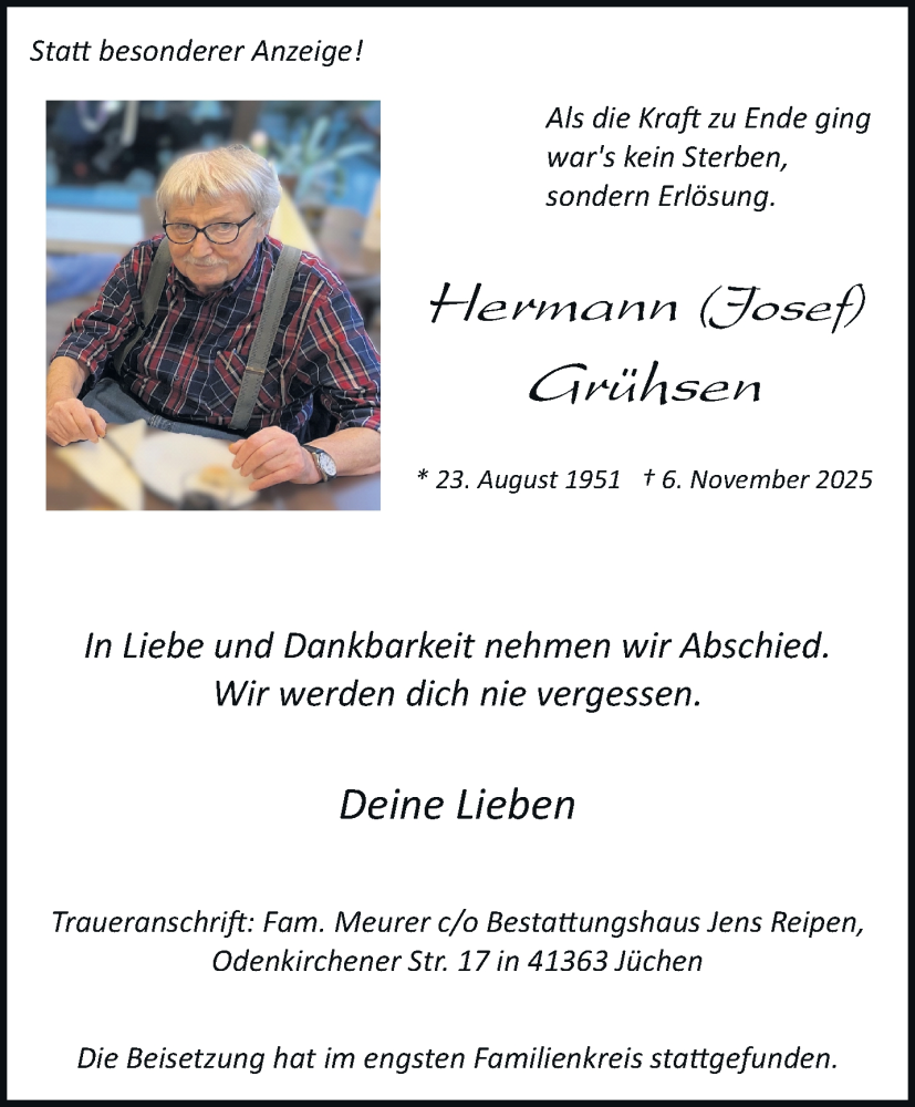  Traueranzeige für Hermann  Grühsen vom 29.11.2025 aus trauer.stadt-kurier.de