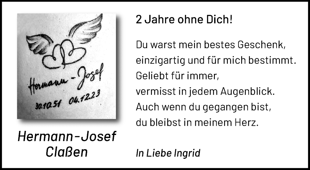  Traueranzeige für Hermann-Josef Claßen vom 30.11.2025 aus trauer.panorama-anzeigenblatt.de
