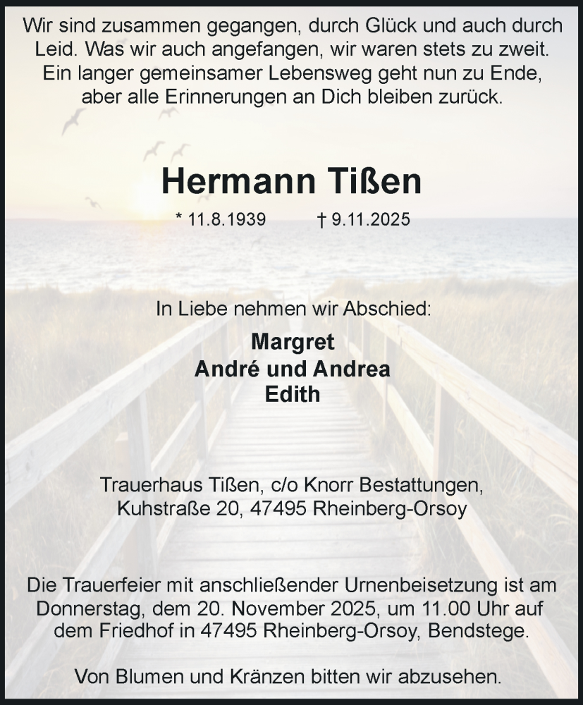 Traueranzeige für Hermann Tißen vom 16.11.2025 aus trauer.panorama-anzeigenblatt.de