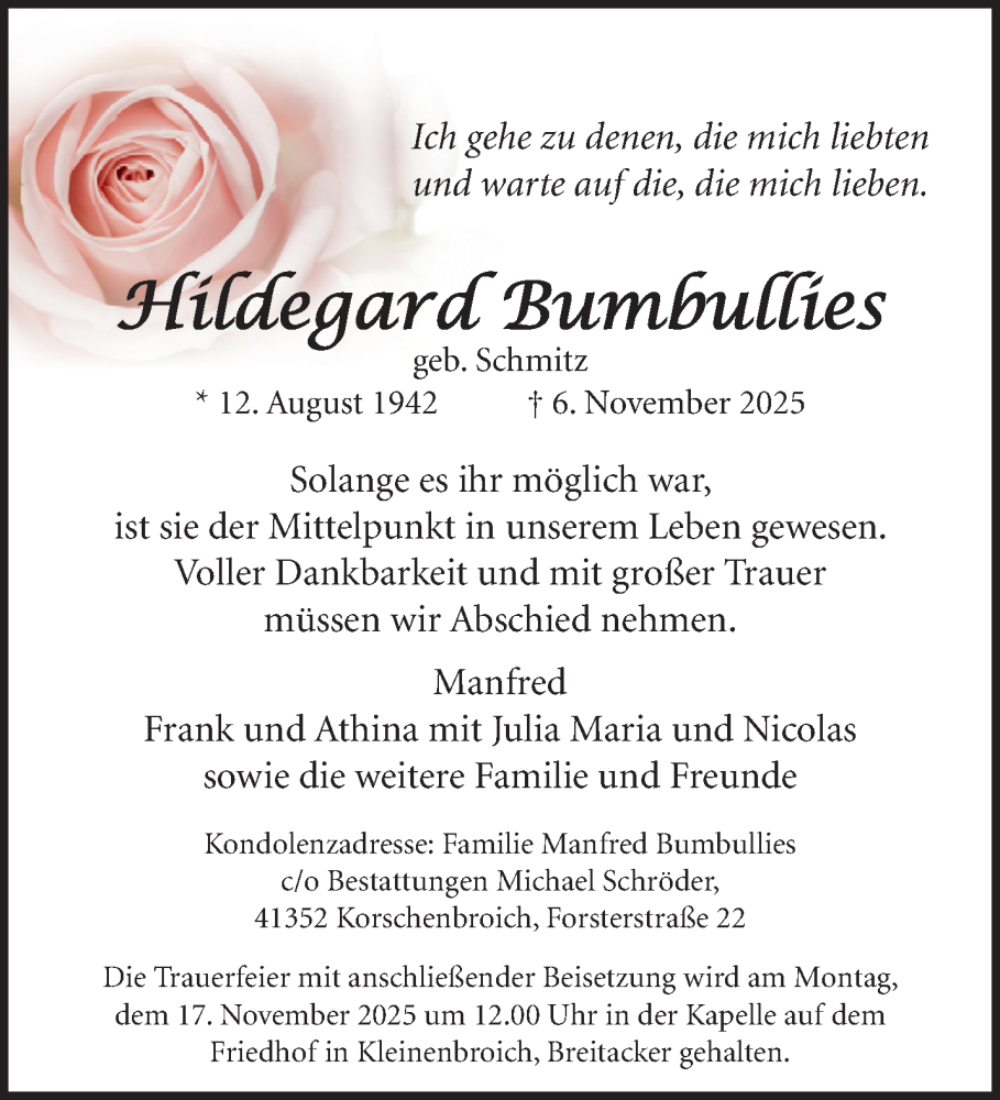  Traueranzeige für Hildegard Bumbullies vom 16.11.2025 aus trauer.panorama-anzeigenblatt.de