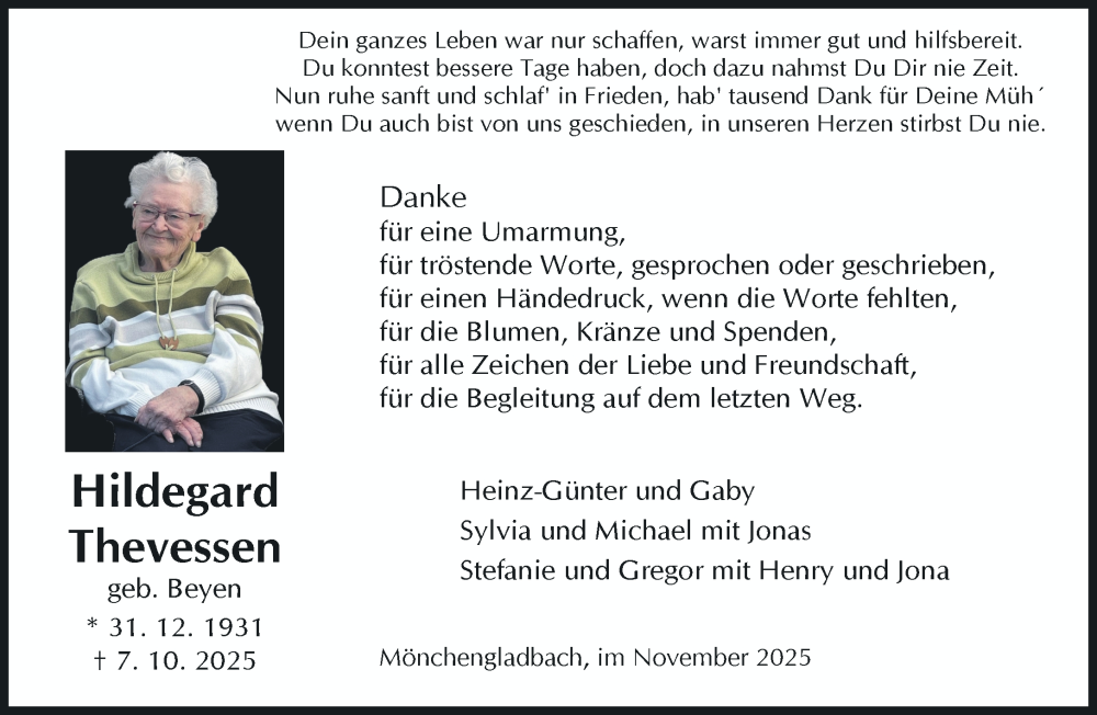  Traueranzeige für Hildegard Thevessen vom 09.11.2025 aus trauer.panorama-anzeigenblatt.de