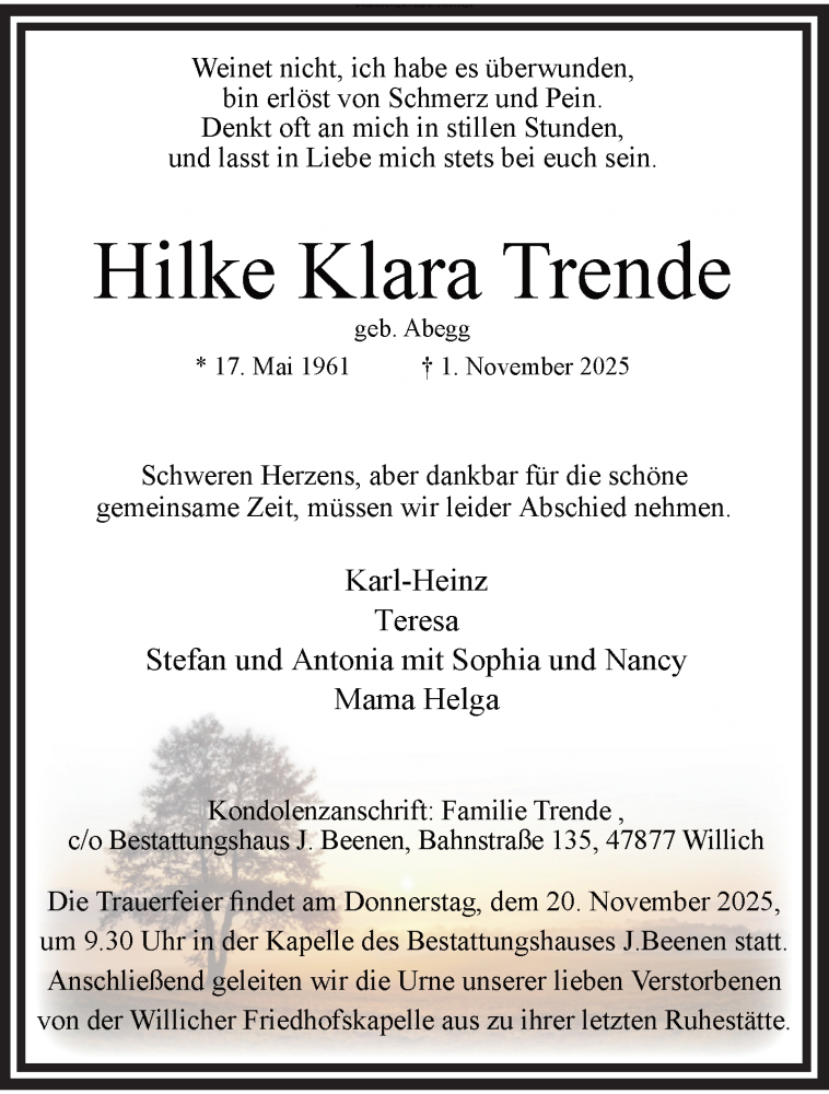  Traueranzeige für Hilke Klara Trende vom 16.11.2025 aus trauer.panorama-anzeigenblatt.de