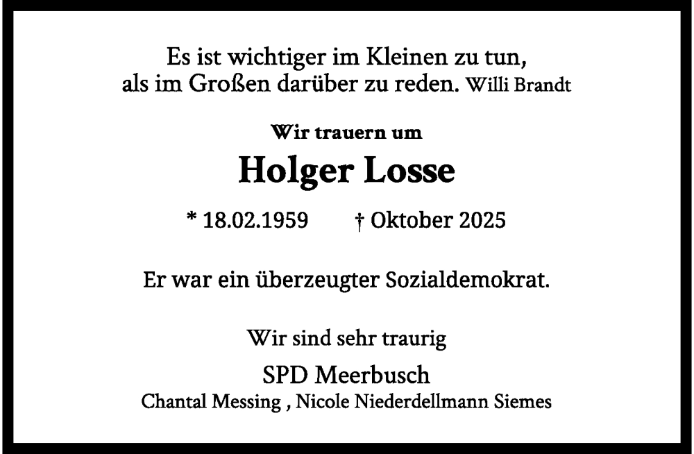  Traueranzeige für Holger Losse vom 16.11.2025 aus trauer.panorama-anzeigenblatt.de