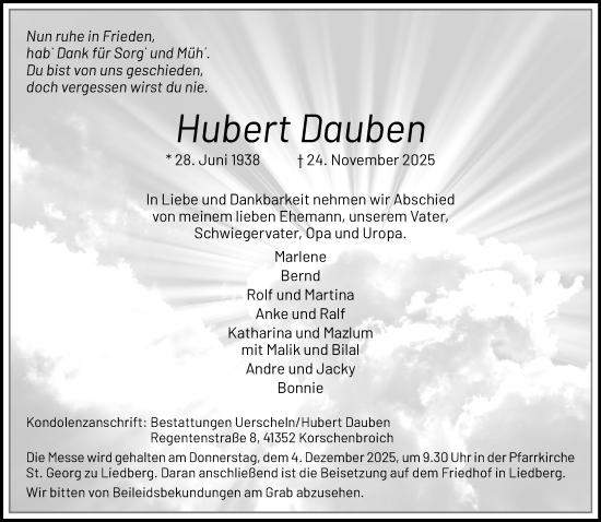 Traueranzeige von Hubert Dauben von trauer.panorama-anzeigenblatt.de