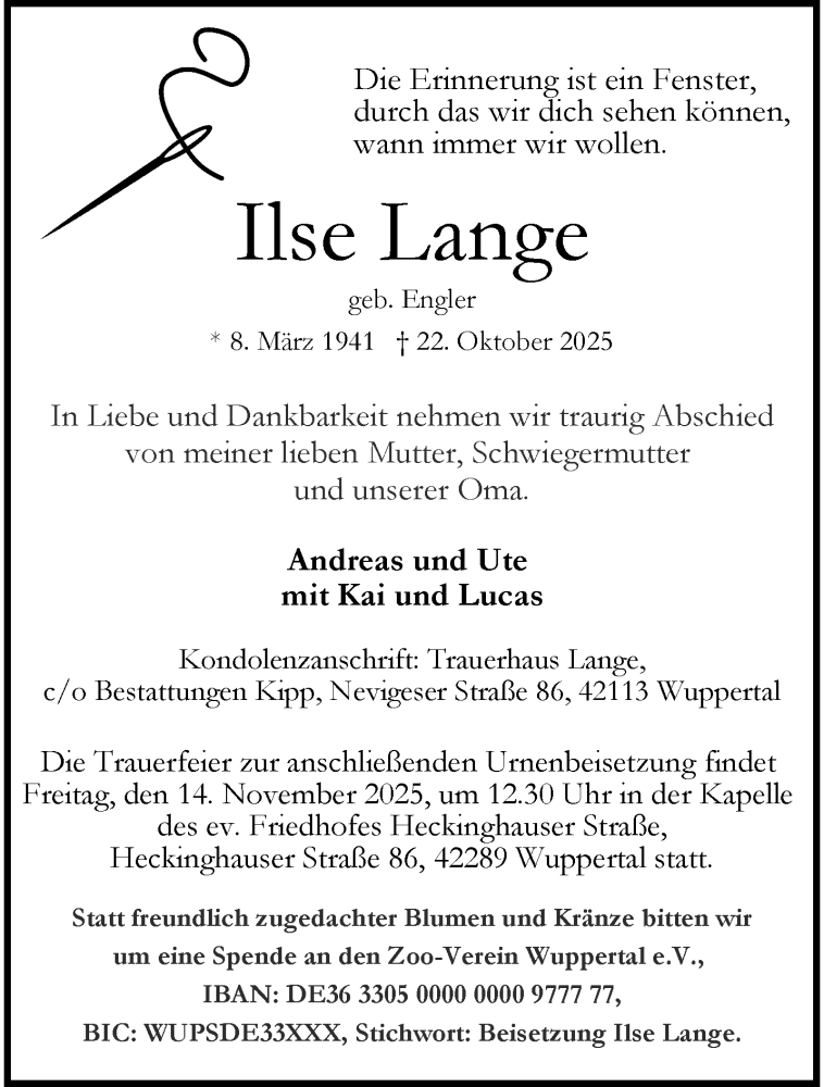  Traueranzeige für Ilse Lange vom 08.11.2025 aus trauer.wuppertaler-rundschau.de