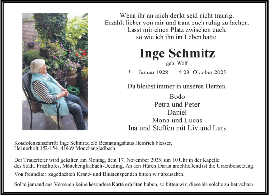 Traueranzeige von Inge Schmitz von trauer.panorama-anzeigenblatt.de