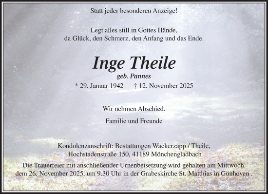 Traueranzeige von Inge Theile von trauer.panorama-anzeigenblatt.de