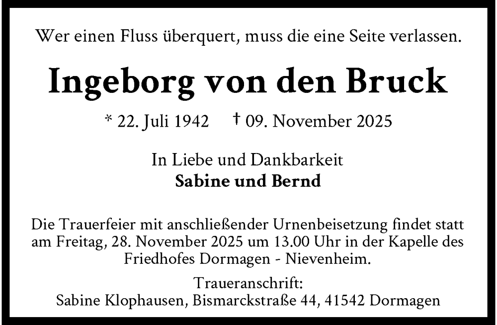  Traueranzeige für Ingeborg von den Bruck vom 23.11.2025 aus trauer.panorama-anzeigenblatt.de