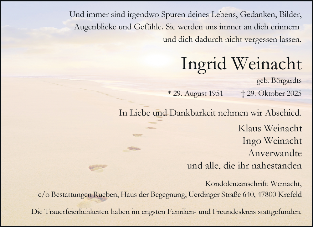  Traueranzeige für Ingrid Weinacht vom 16.11.2025 aus trauer.panorama-anzeigenblatt.de
