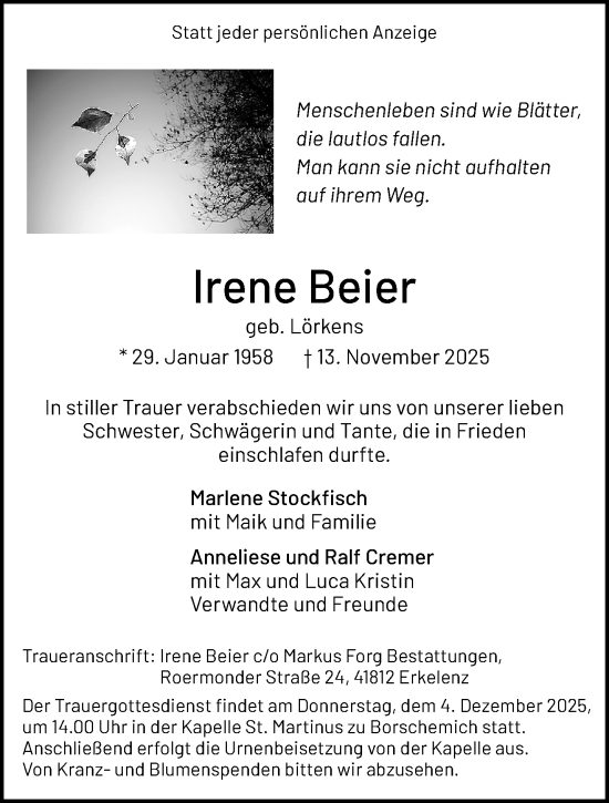 Traueranzeige von Irene Beier von trauer.panorama-anzeigenblatt.de