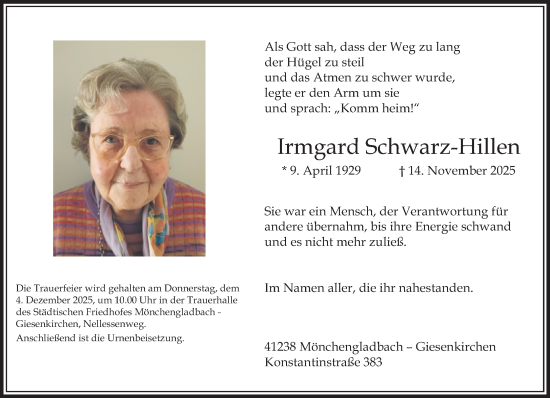 Traueranzeige von Irmgard Schwarz-Hillen von trauer.panorama-anzeigenblatt.de