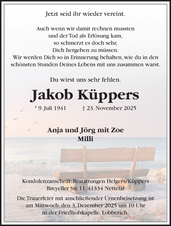Traueranzeige von Jakob Küppers von trauer.panorama-anzeigenblatt.de