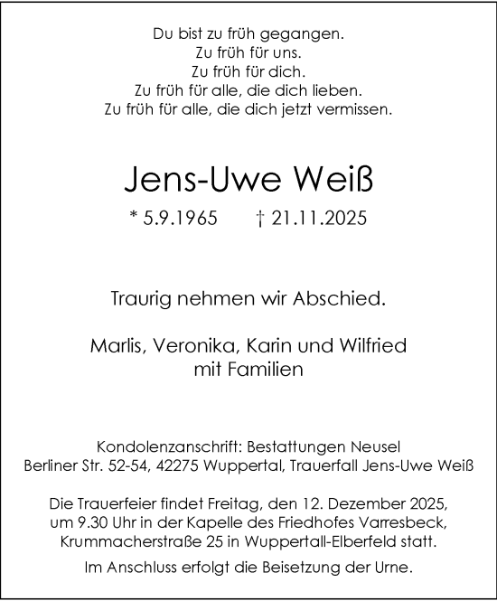 Traueranzeige von Jens-Uwe Weiß von trauer.wuppertaler-rundschau.de