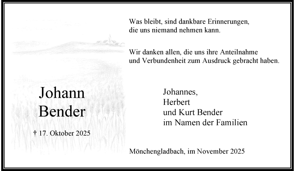  Traueranzeige für Johann Bender vom 16.11.2025 aus trauer.panorama-anzeigenblatt.de