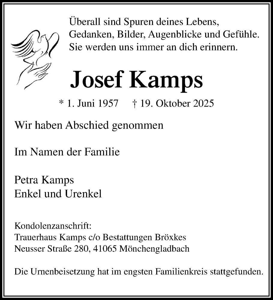  Traueranzeige für Josef Kamps vom 16.11.2025 aus trauer.panorama-anzeigenblatt.de