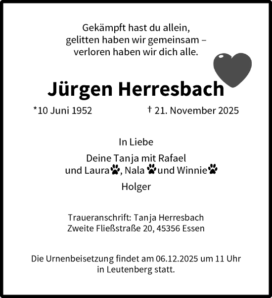Traueranzeige von Jürgen Herresbach von trauer.panorama-anzeigenblatt.de