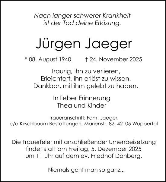 Traueranzeige von Jürgen Jaeger von trauer.wuppertaler-rundschau.de
