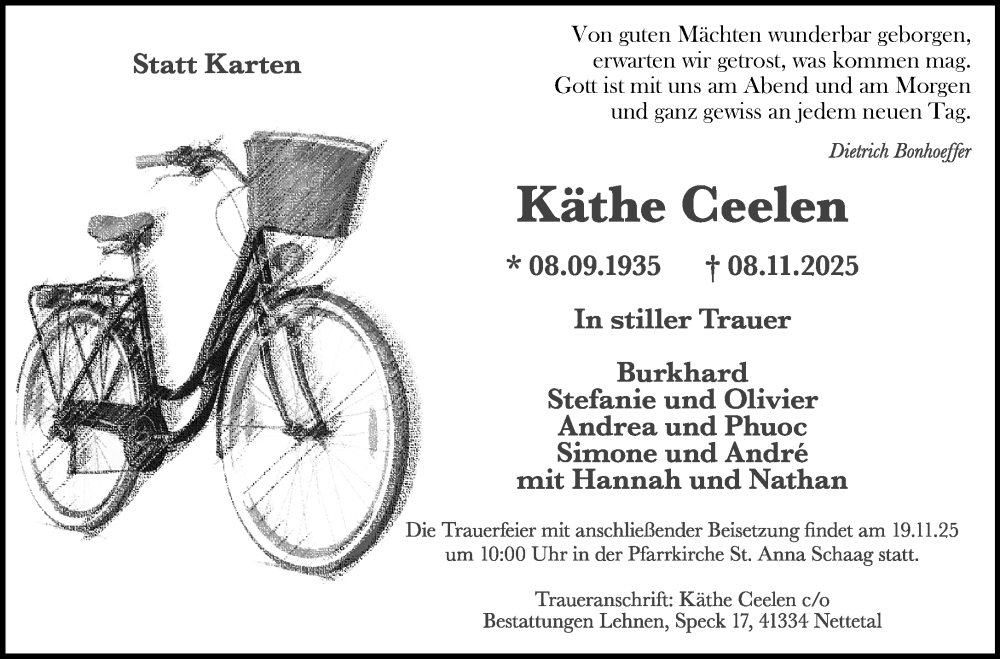  Traueranzeige für Käthe Ceelen vom 16.11.2025 aus trauer.panorama-anzeigenblatt.de