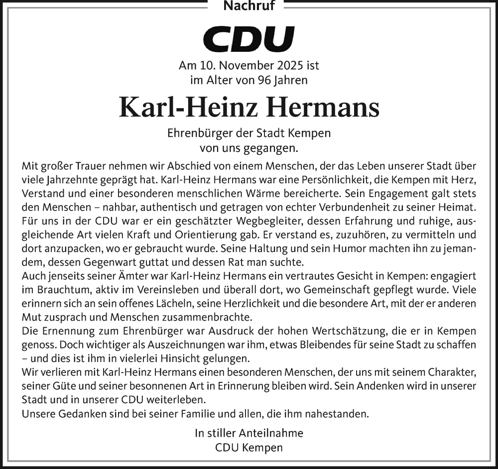  Traueranzeige für Karl-Heinz Hermans vom 23.11.2025 aus trauer.panorama-anzeigenblatt.de