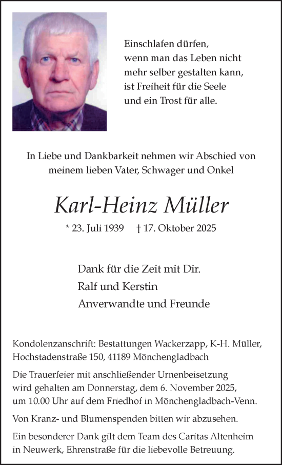 Traueranzeige von Karl-Heinz Müller von trauer.panorama-anzeigenblatt.de