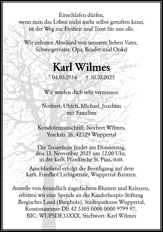 Traueranzeige von Karl Wilmes von trauer.wuppertaler-rundschau.de