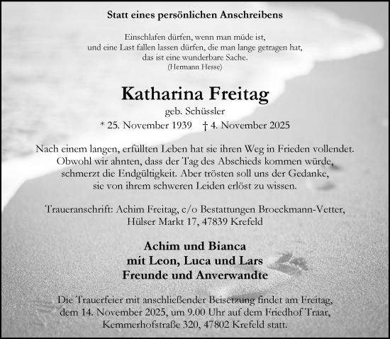 Traueranzeige von Katharina Freitag von trauer.panorama-anzeigenblatt.de