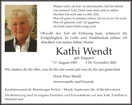 Traueranzeige von Kathi Wendt von trauer.panorama-anzeigenblatt.de