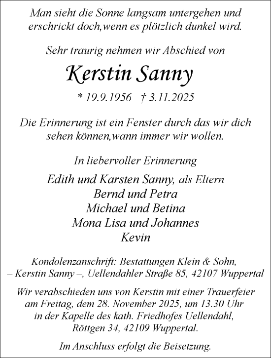 Traueranzeige von Kerstin Sanny von trauer.wuppertaler-rundschau.de