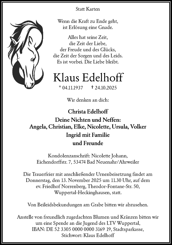 Traueranzeige von Klaus Edelhoff von trauer.wuppertaler-rundschau.de