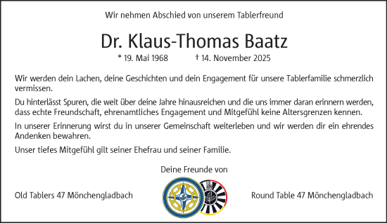 Traueranzeige von Klaus-Thomas Baatz von trauer.panorama-anzeigenblatt.de