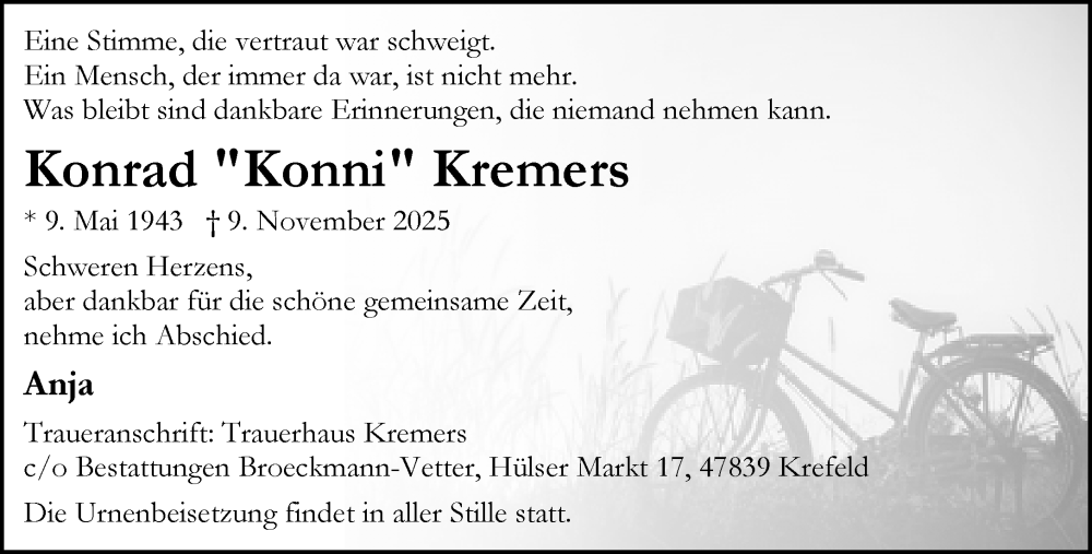  Traueranzeige für Konrad Kremers vom 30.11.2025 aus trauer.panorama-anzeigenblatt.de