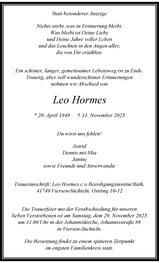 Traueranzeige von Leo Hormes von trauer.panorama-anzeigenblatt.de